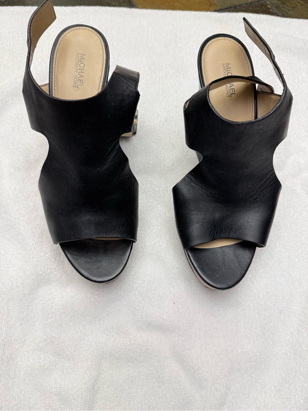 Michael Kors Black Leather Cutout Open-Toe Slingback 5” wedge Heels.